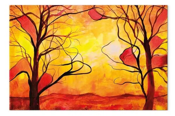 Quadro contemporaneo Paesaggio in fiamme - fantasia con alberi e cielo