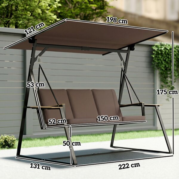 Outsunny Dondolo da Giardino 3 Posti con Tettuccio Regolabile, Dondolo da Esterno in Metallo con Vassoi Porta Bicchieri, Cuscini Imbottiti, Portata 360kg, per Terrazzo Balcone, 222x131x175 cm, Marrone | Aosom Italy