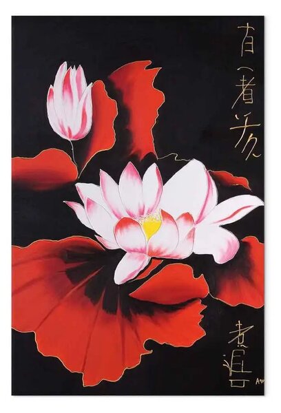 Quadro su tela Feng Shui - Fiori colorati su sfondo nero in stile giapponese