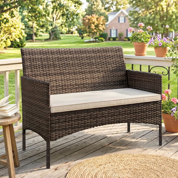 Outsunny Divano da Giardino 2 Posti con Cuscini e Tappetini Antiscivolo, in Rattan e Acciaio, 115x63x85 cm, Beige | Aosom Italy