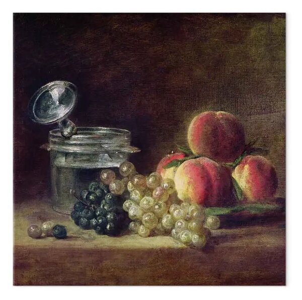 Riproduzione Jean-Baptiste-Siméon Chardin - Natura morta con cesto di pesche, uva bianca e nera con refrigeratore e bicchiere da vino