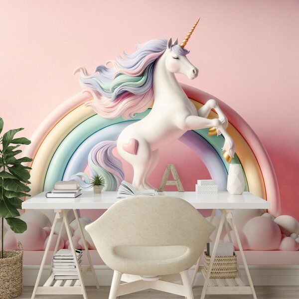 Carta da parati – Unicorno pastello nell'arcobaleno