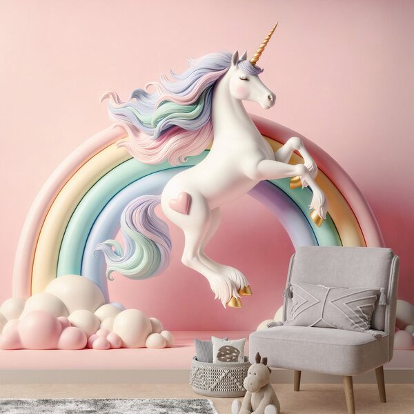 Carta da parati – Unicorno pastello nell'arcobaleno