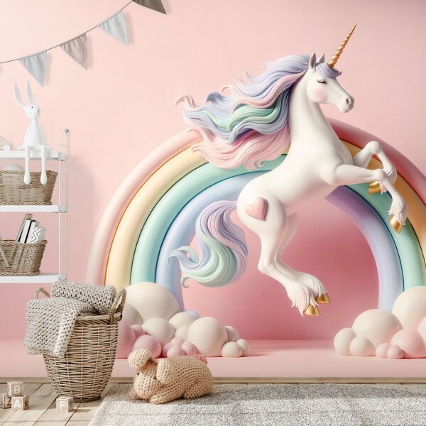 Carta da parati – Unicorno pastello nell'arcobaleno