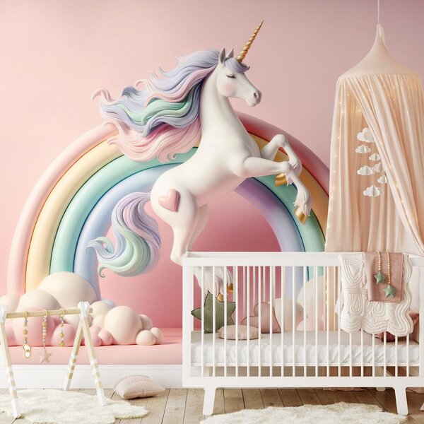 Carta da parati – Unicorno pastello nell'arcobaleno