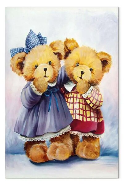 Quadro su tela Hänsel e Gretel - due dolci orsetti con vestiti colorati su sfondo chiaro