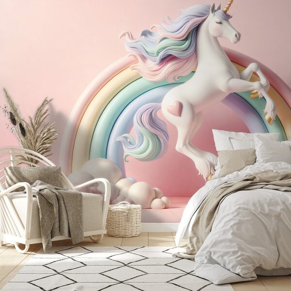Carta da parati – Unicorno pastello nell'arcobaleno