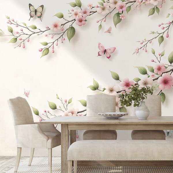 Carta da parati – Delicati fiori rosa e farfalle