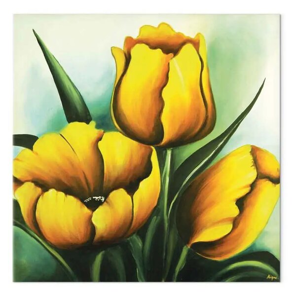 Quadro moderno Tulipani - mazzo di fiori su sfondo in tonalità verdi