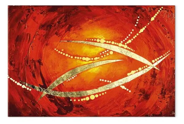 Quadro contemporaneo Spighe dorate - figure astratte dorate su sfondo rosso