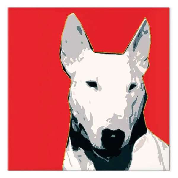 Quadro moderno Bull Terrier - cane di razza dal mantello chiaro su sfondo rosso