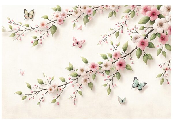 Carta da parati – Delicati fiori rosa e farfalle