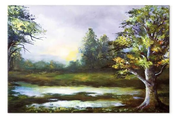 Quadro contemporaneo Idillio rurale - paesaggio con alberi in tonalità chiare