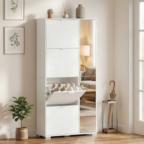 HOMCOM Scarpiera con Specchio, 4 Cassetti Ribalta, Scarpiera Ingresso, Bianco | Aosom Italy