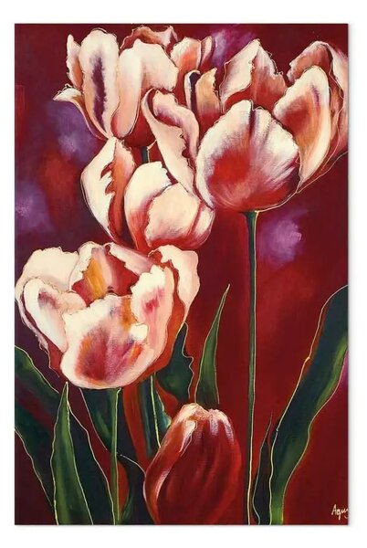 Quadro contemporaneo Tulipani romantici - fiori rosa su sfondo rosso