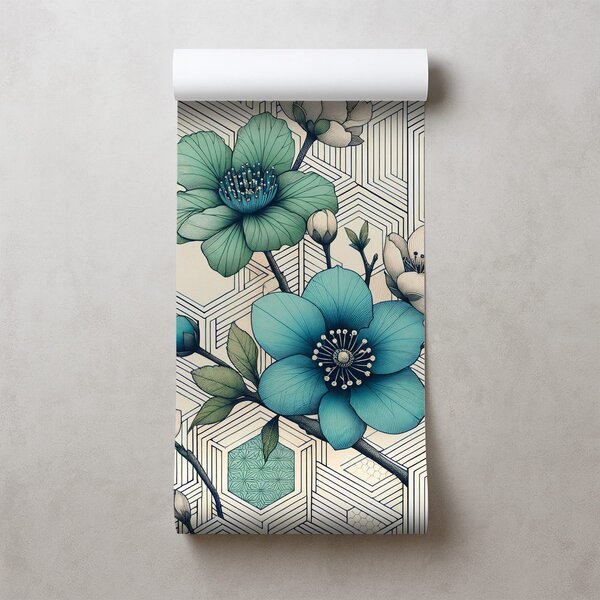 Carta da parati – Fiori blu con sfondo geometrico