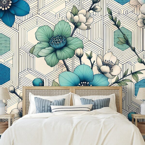Carta da parati – Fiori blu con sfondo geometrico