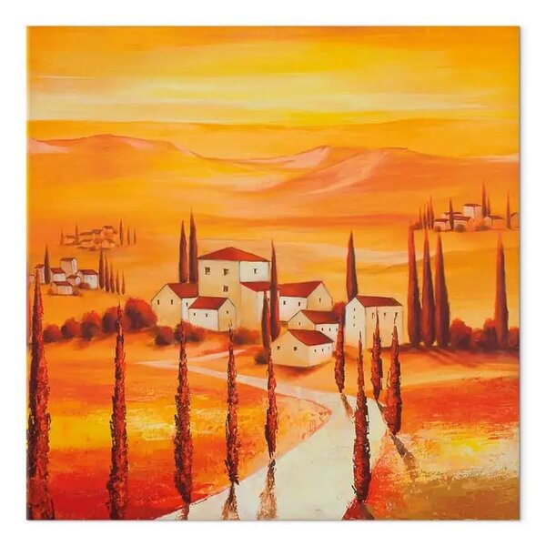Quadro Calore della Toscana - paesaggio collinare con edifici su sfondo rosso