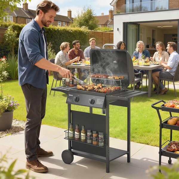 Outsunny Barbecue Gas, 2 Bruciatori, Tavolini Laterali, Vassoio Raccogli Grassi, Nero. | Aosom Italy