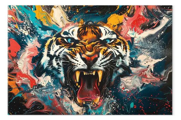 Quadro Tigre ruggente - animale selvaggio in stile street-art multicolore