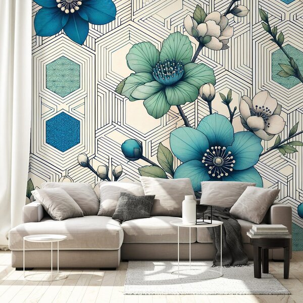 Carta da parati – Fiori blu con sfondo geometrico