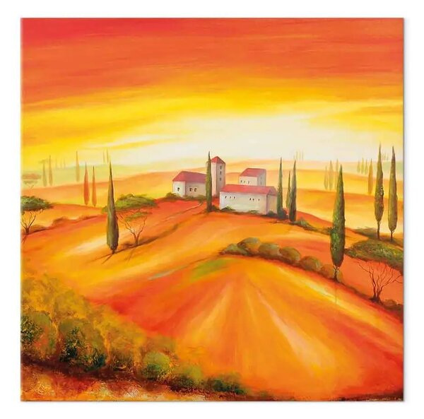 Quadro moderno Alba in Toscana - paesaggio collinare con architettura su sfondo rosso