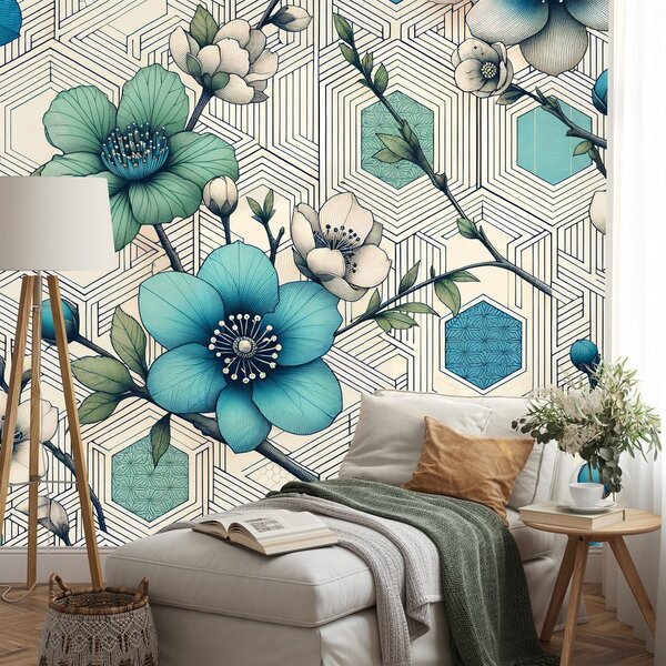 Carta da parati – Fiori blu con sfondo geometrico