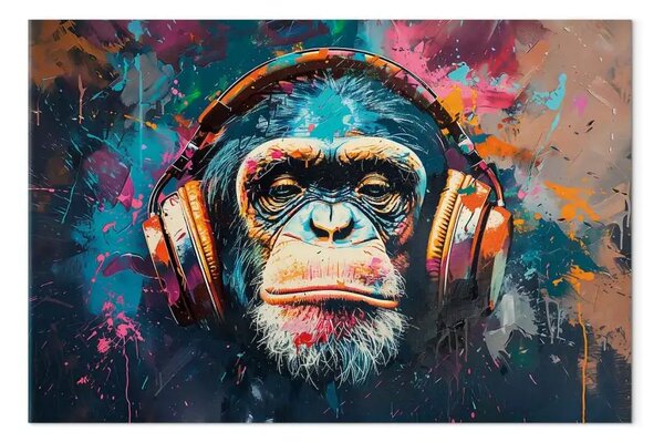 Quadro contemporaneo Scimmia con cuffie - street-art che ritrae uno scimpanzé rilassato