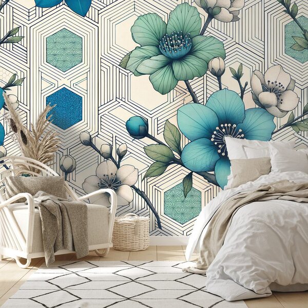 Carta da parati – Fiori blu con sfondo geometrico