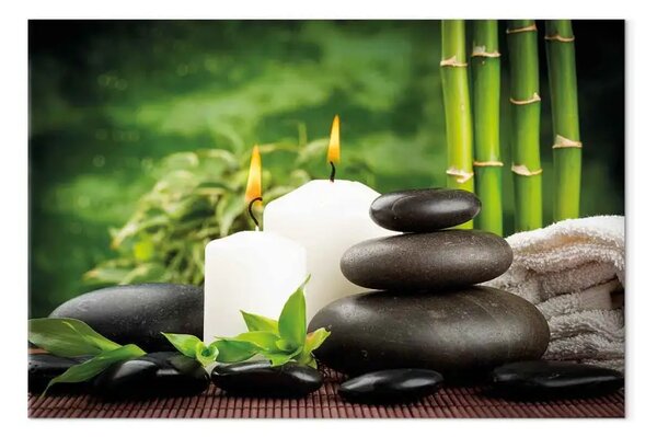 Quadro moderno SPA e natura - candele bianche e pietre circondate dal verde del bambù
