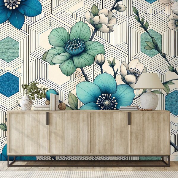 Carta da parati – Fiori blu con sfondo geometrico