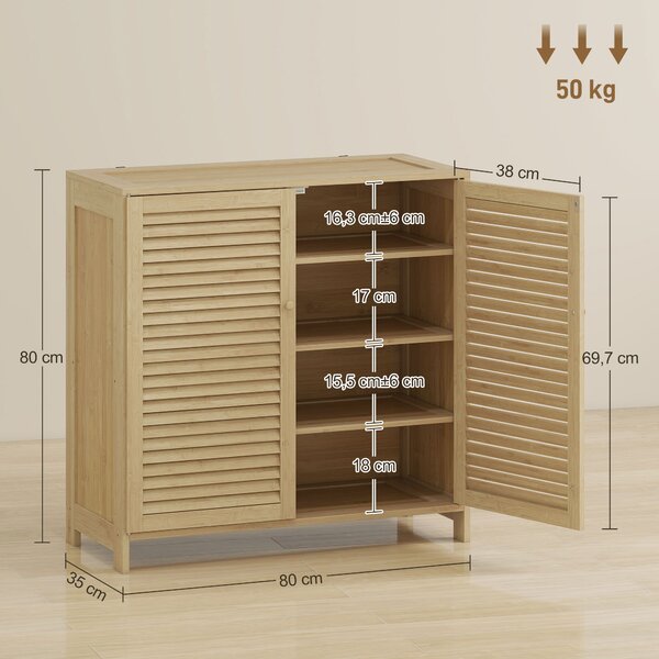 HOMCOM Scarpiera in Bambù con Ante a Persiana, Mobile Porta Scarpe con Ripiani Regolabili, Capacità per 14 Paia, 80 x 35 x 80 cm, Finitura Naturale | Aosom Italy