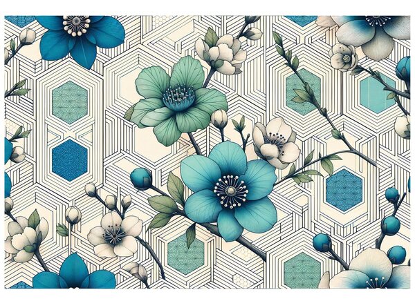 Carta da parati – Fiori blu con sfondo geometrico