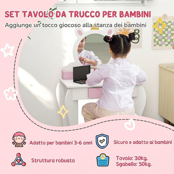 ZONEKIZ Set Toeletta Trucco Bambina con Sgabello, Postazione Trucco in Legno con Specchio Rotondo in Acrilico, 2 Scatole Portaoggetti, Design Unicorno, Tavolo Trucco per Bimbi 3-6 Anni, Rosa | Aosom Italy