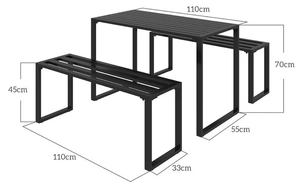 Outsunny Set da Pranzo, 3 Pezzi, 2 Panche e 1 Tavolino, per 4 Persone, in Metallo, Nero | Aosom Italy