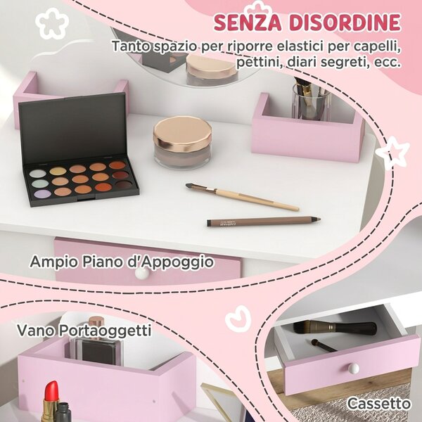 ZONEKIZ Set Toeletta Trucco Bambina con Sgabello, Postazione Trucco in Legno con Specchio Rotondo in Acrilico, 2 Scatole Portaoggetti, Design Unicorno, Tavolo Trucco per Bimbi 3-6 Anni, Rosa | Aosom Italy