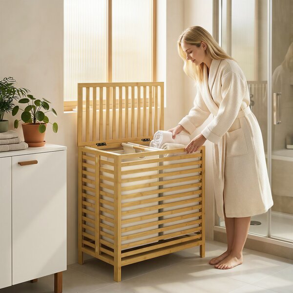 HOMCOM Cesto Portabiancheria in Bambù 64L con Coperchio, 2 Sacche in Tessuto Oxford Rimovibili e Lavabili, Color Legno | Aosom Italy