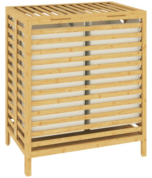 HOMCOM Cesto Portabiancheria in Bambù 64L con Coperchio, 2 Sacche in Tessuto Oxford Rimovibili e Lavabili, Color Legno | Aosom Italy