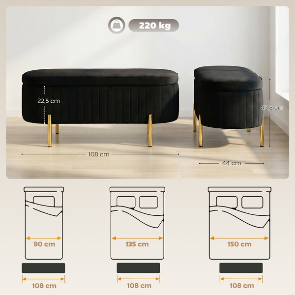 HOMCOM Panca Contenitore Ingresso Ovale 72L con Coperchio Sollevabile, Seduta Imbottita, in Velluto, Nero | Aosom Italy