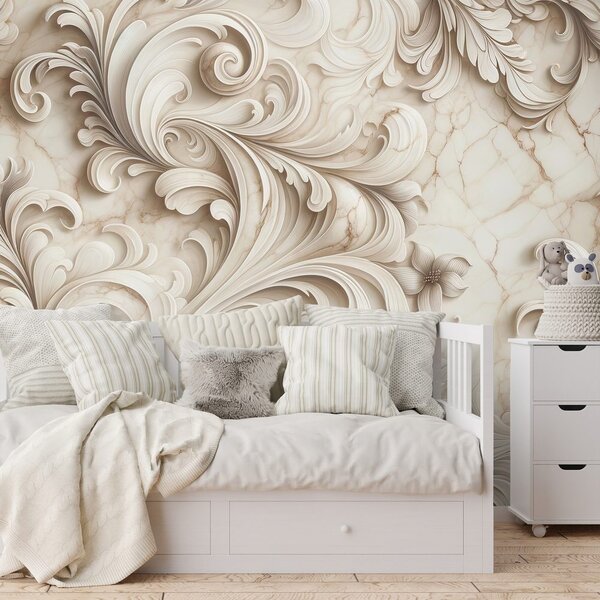 Carta da parati – Eleganti ornamenti beige su marmo