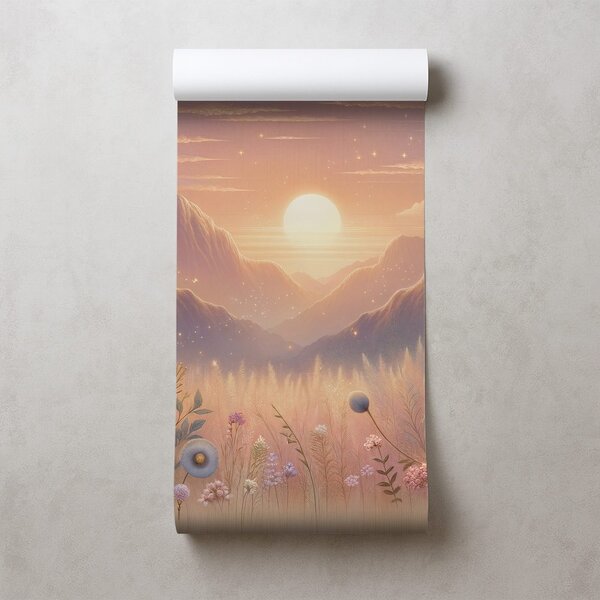 Carta da parati – Paesaggio pastello con fiori al tramonto