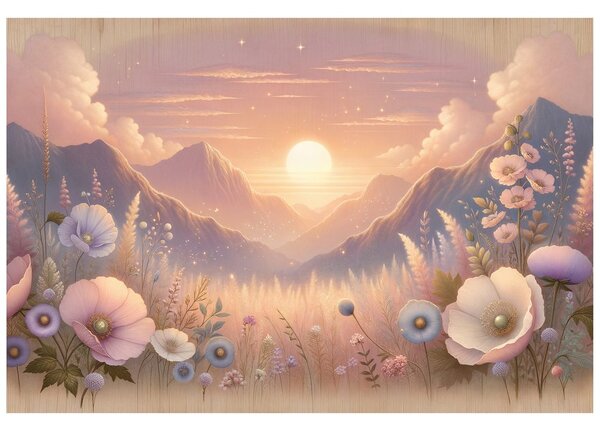 Carta da parati – Paesaggio pastello con fiori al tramonto