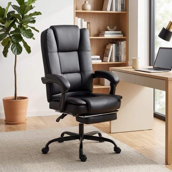 HOMCOM Sedia Ufficio Ergonomica Reclinabile Girevole in Pelle PU con Poggiapiedi, Altezza Regolabile, Nero | Aosom Italy