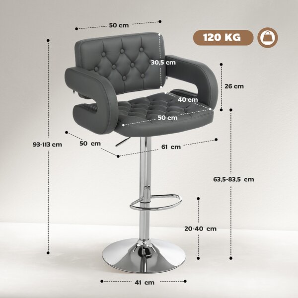 HOMCOM Sgabello da Bar Regolabile, Seduta Extra Large Girevole in Similpelle PU, Grigio | Aosom Italy