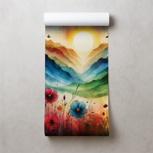 Carta da parati – Paesaggio montano colorato con fiori