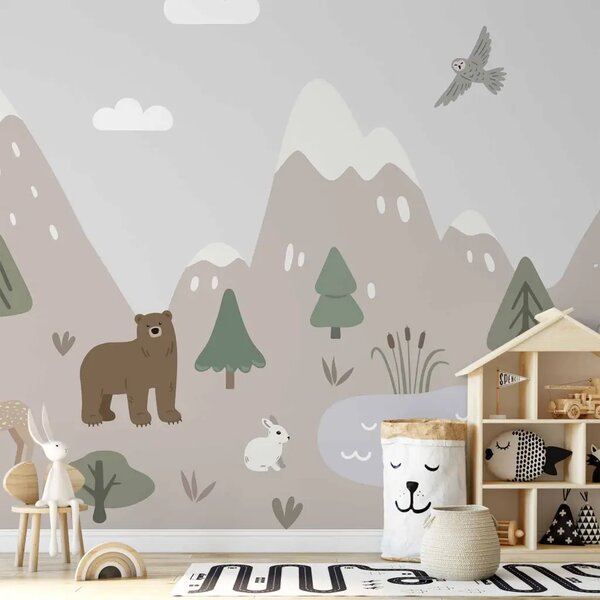 Carta da parati moderna Natura selvaggia - illustrazione con montagne, lago e animali della foresta