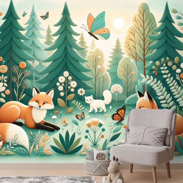 Carta da parati – Animali del bosco in colori pastello