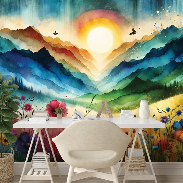 Carta da parati – Paesaggio montano colorato con fiori