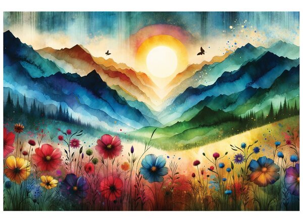 Carta da parati – Paesaggio montano colorato con fiori