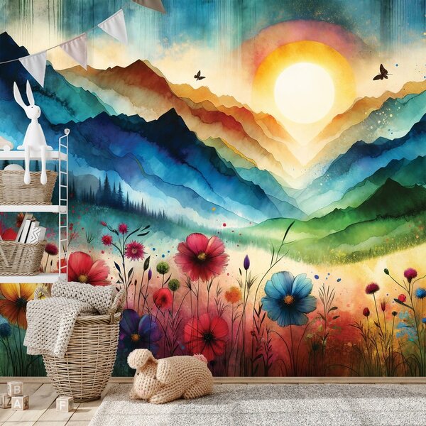Carta da parati – Paesaggio montano colorato con fiori